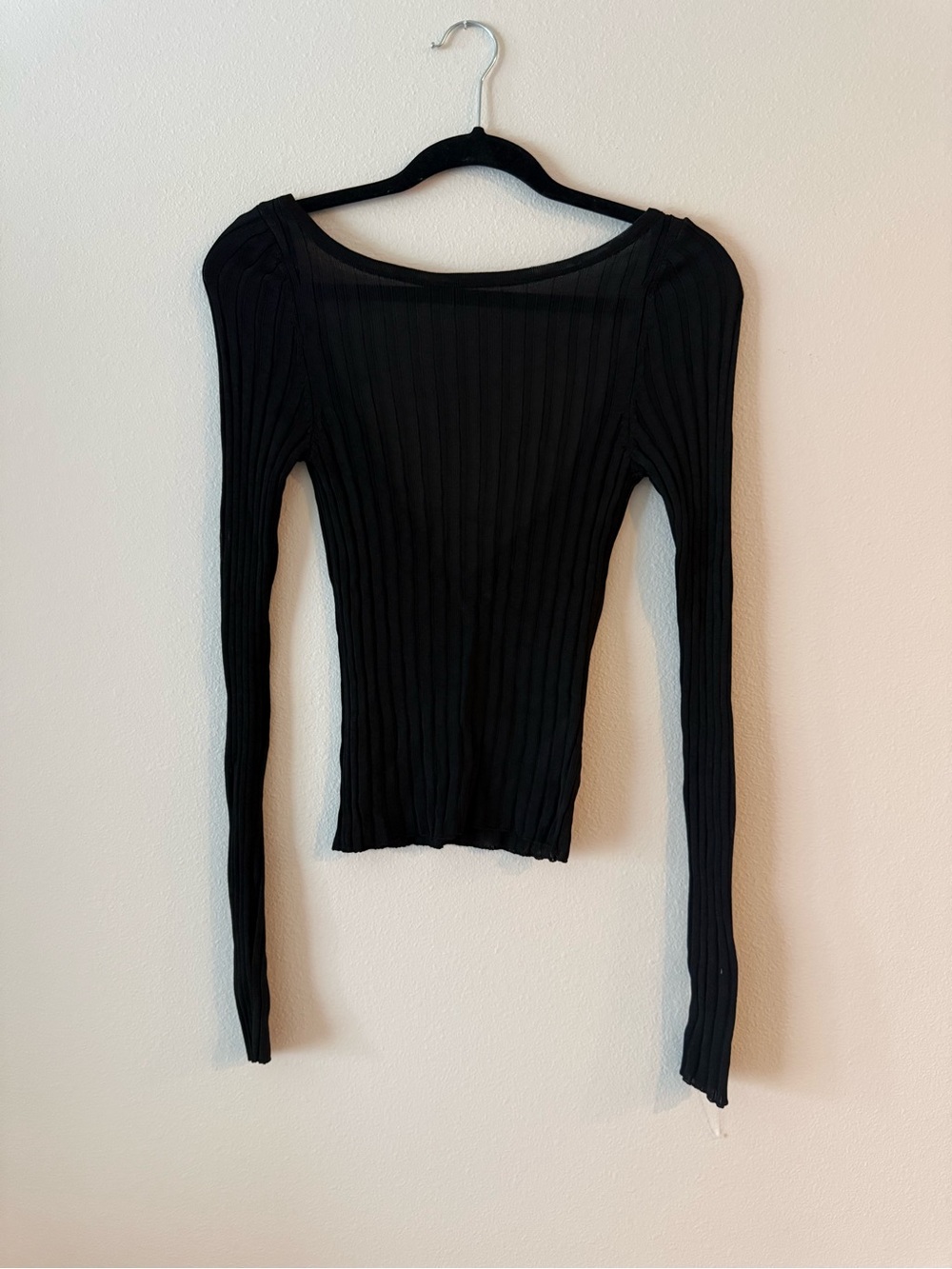 Free People Black Ribbed Scoop Neck Long Sleeve Top